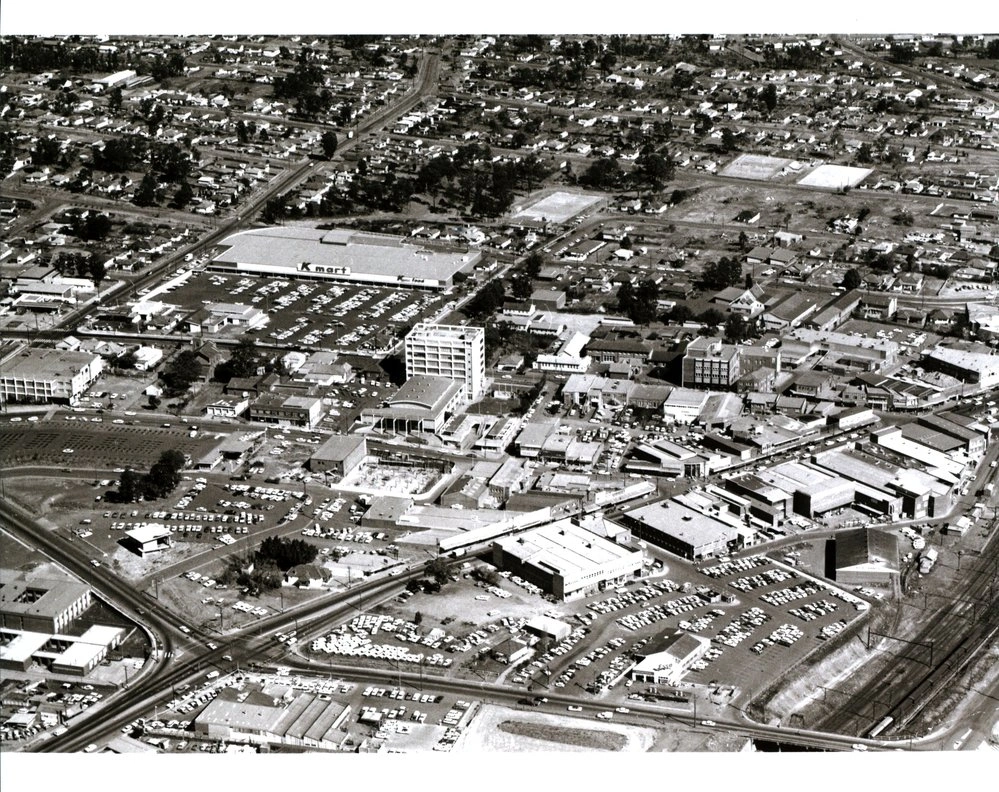 Aerial view of Blacktown CBD, taken before the construction of Blacktown Westpoint. Kmart, Tennis courts on Alpha Street and Balmoral Street can also be seen..jpg