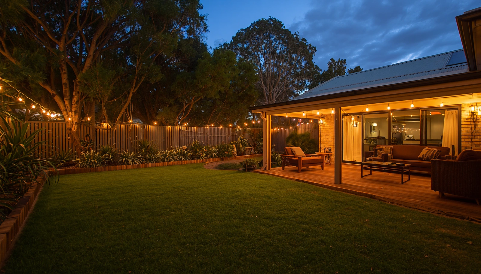 Beautiful cozy Australian backyard in Perth Western Australia at dusk, warm fairy lights strung across outdoor space, well-maintained green lawn, native Australian gum trees and plants, inviting family outdoor area, woode.png