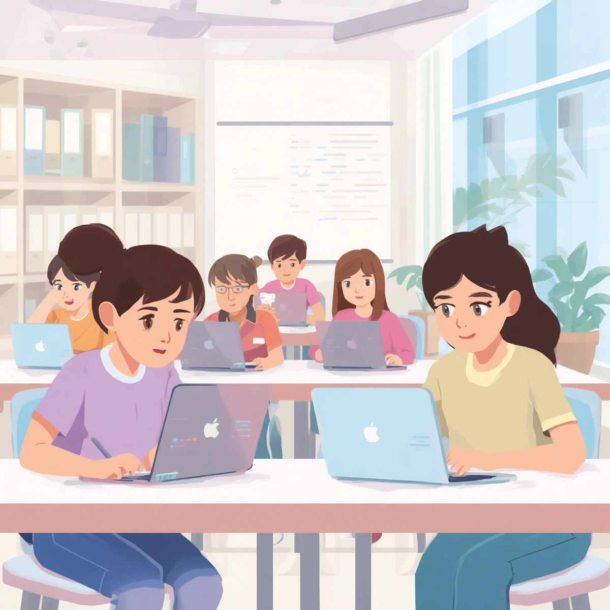 Students aged 11 and older working on laptops doing research and digital projects, modern classroom setting, responsible technology use, educational illustration, soft pastel colors, clean contemporary style, focuse.jpg