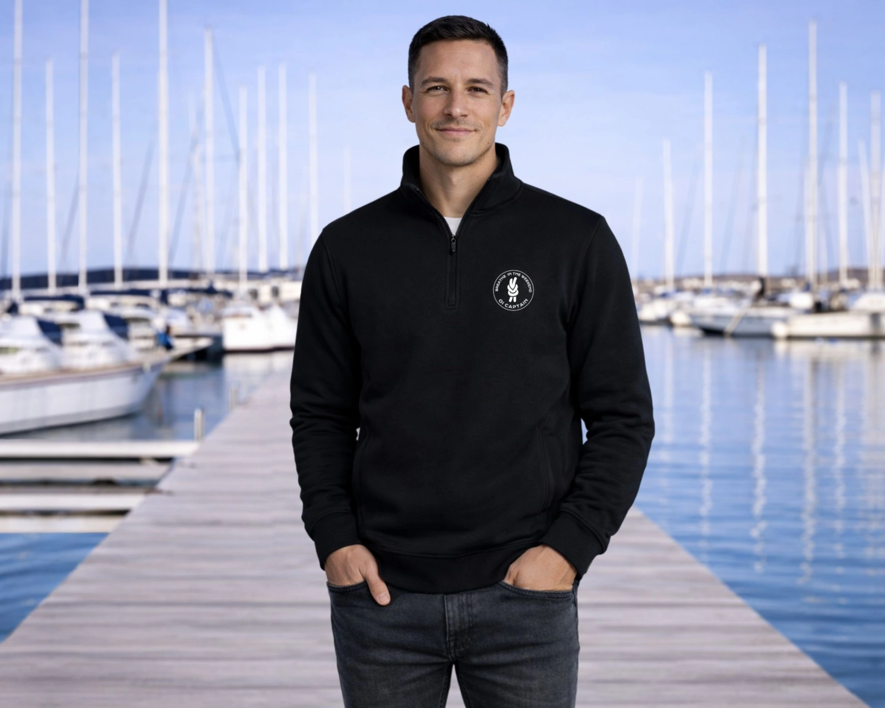 male model wearing oi captain weekend edition half zip sweatshirt black front view coastal lifestyle.jpg