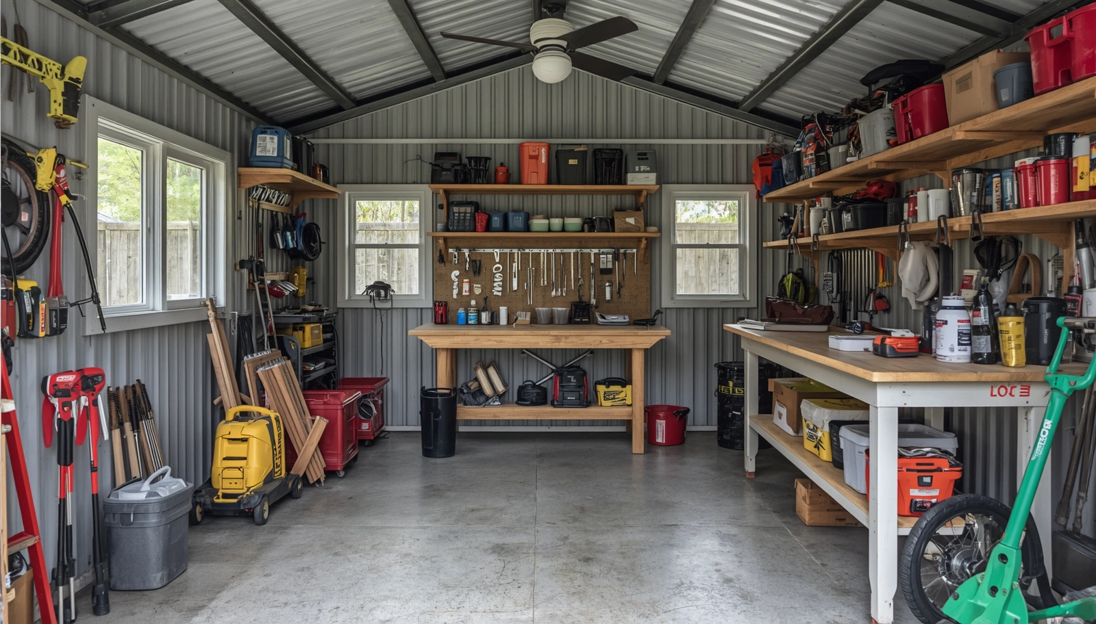 Clean organized backyard shed interior in Australian home, wall shelving units installed, floor storage racks, workbench setup, tools neatly arranged, garden equipment organized, functional workspace, decluttered shed spa.png