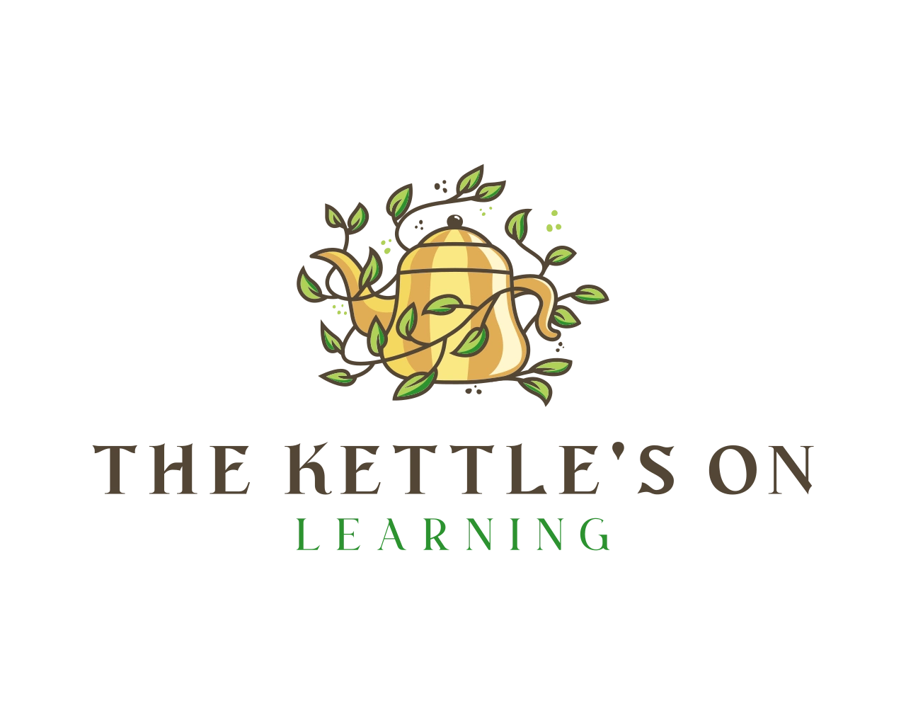Logo gold kettle entwined with green vine and leaves