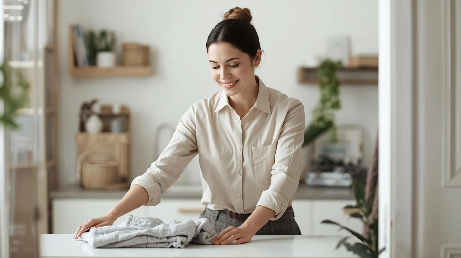 image for Professional Home Assistant, Friendly & Discreet  Prompt for generation_ A friendly, professional home assistant placing folded la.jpg