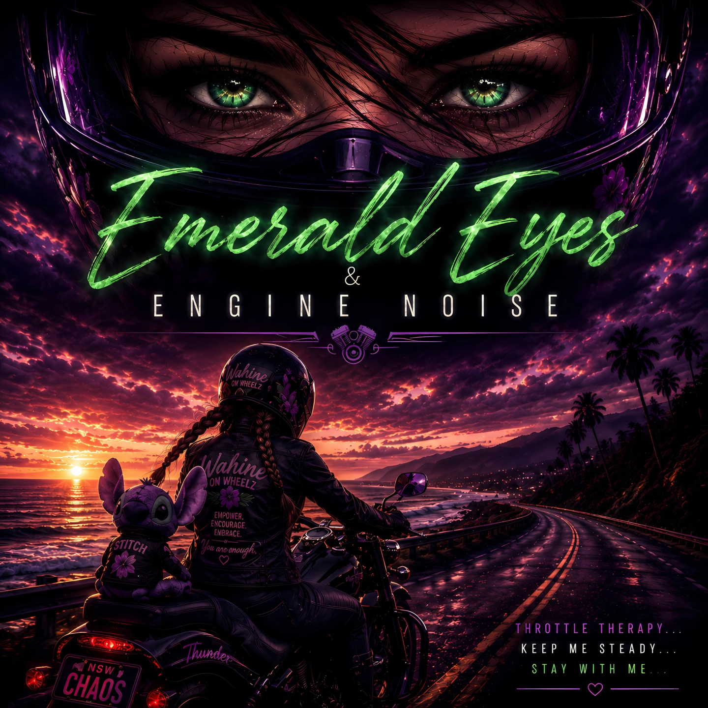 Cover art: Emerald eyes above a helmeted motorcycle rider on a wet coastal road at sunset.