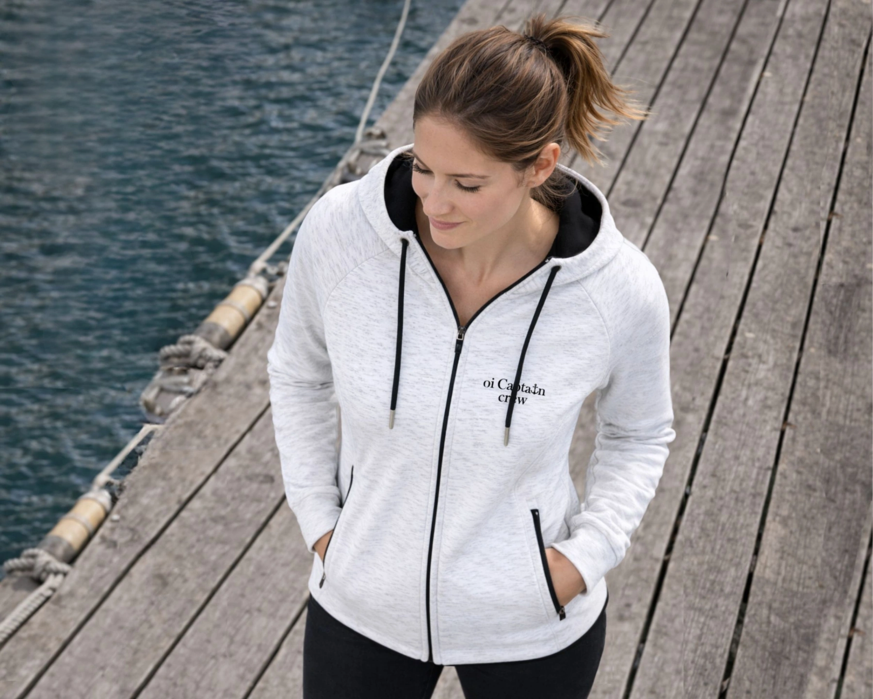 female model wearing oi captain carpe diem hoodie full zip white marle front top pose coastal lifestyle.jpg