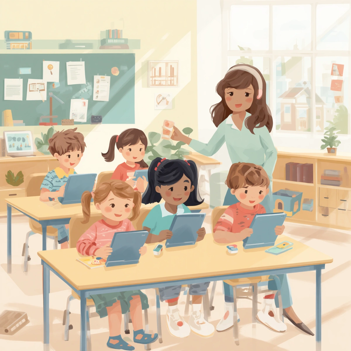 Clean, modern educational illustration showing young children aged 5-7 using tablets in a bright classroom with a teacher nearby. Safe, friendly, and inclusive environment. Soft pastel colour palette, simple shapes, po.jpg