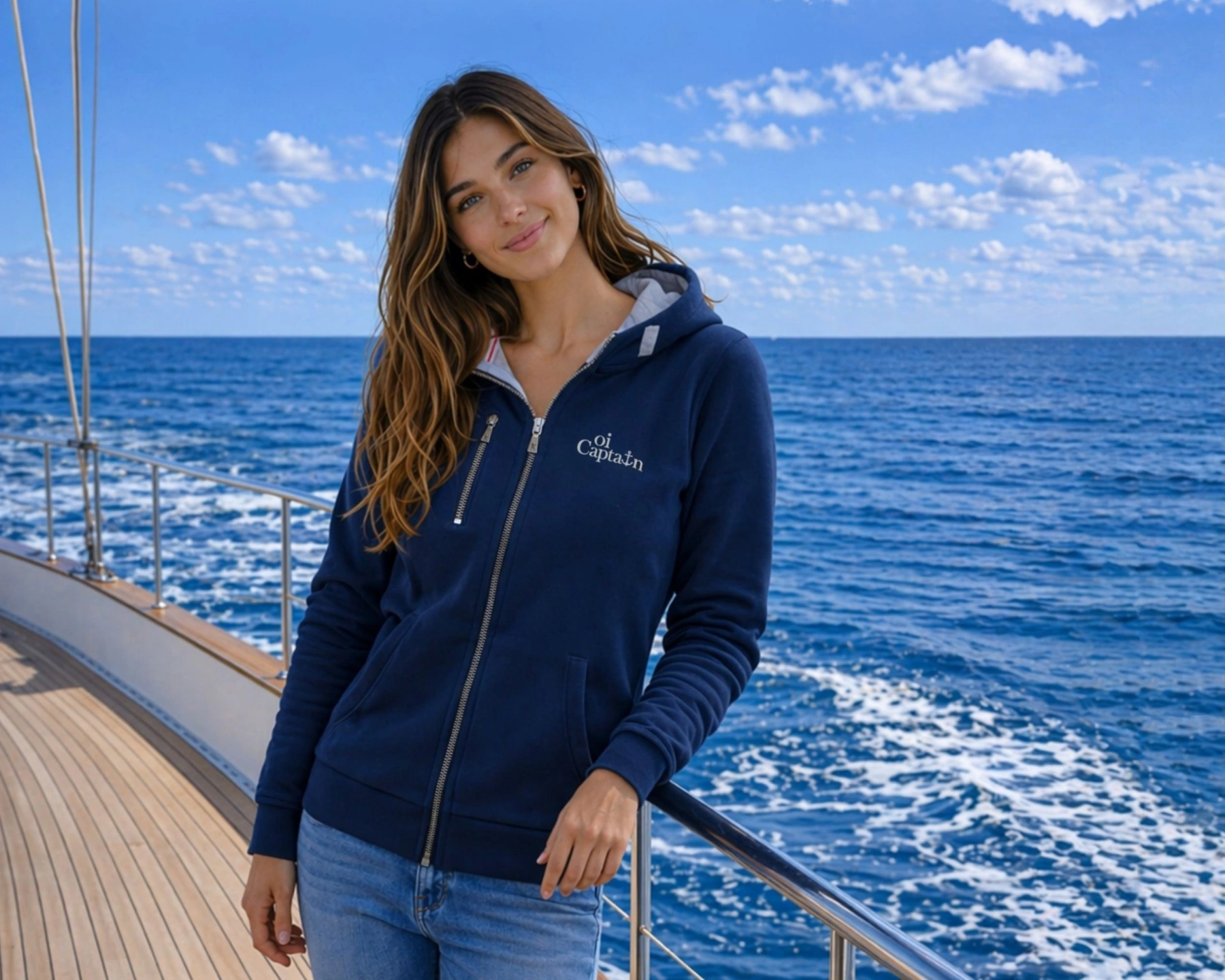 oi captain female model wearing luna sea hoodie full zip jacket navy front pose coastal lifestyle.jpg