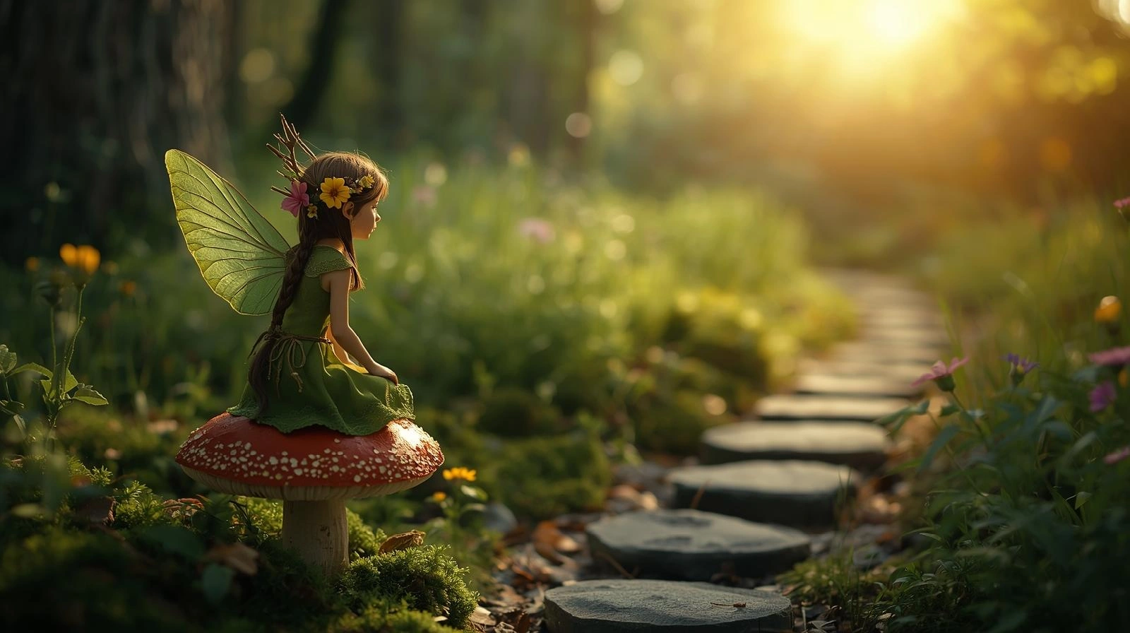 macro lifelike petite female woodsprite in a green dress with wings , sticks and flowers in hair, she sits on toadstool in lush forest, she looks at the winding stone path, wild flowers sparkle in sun in distance .jpg