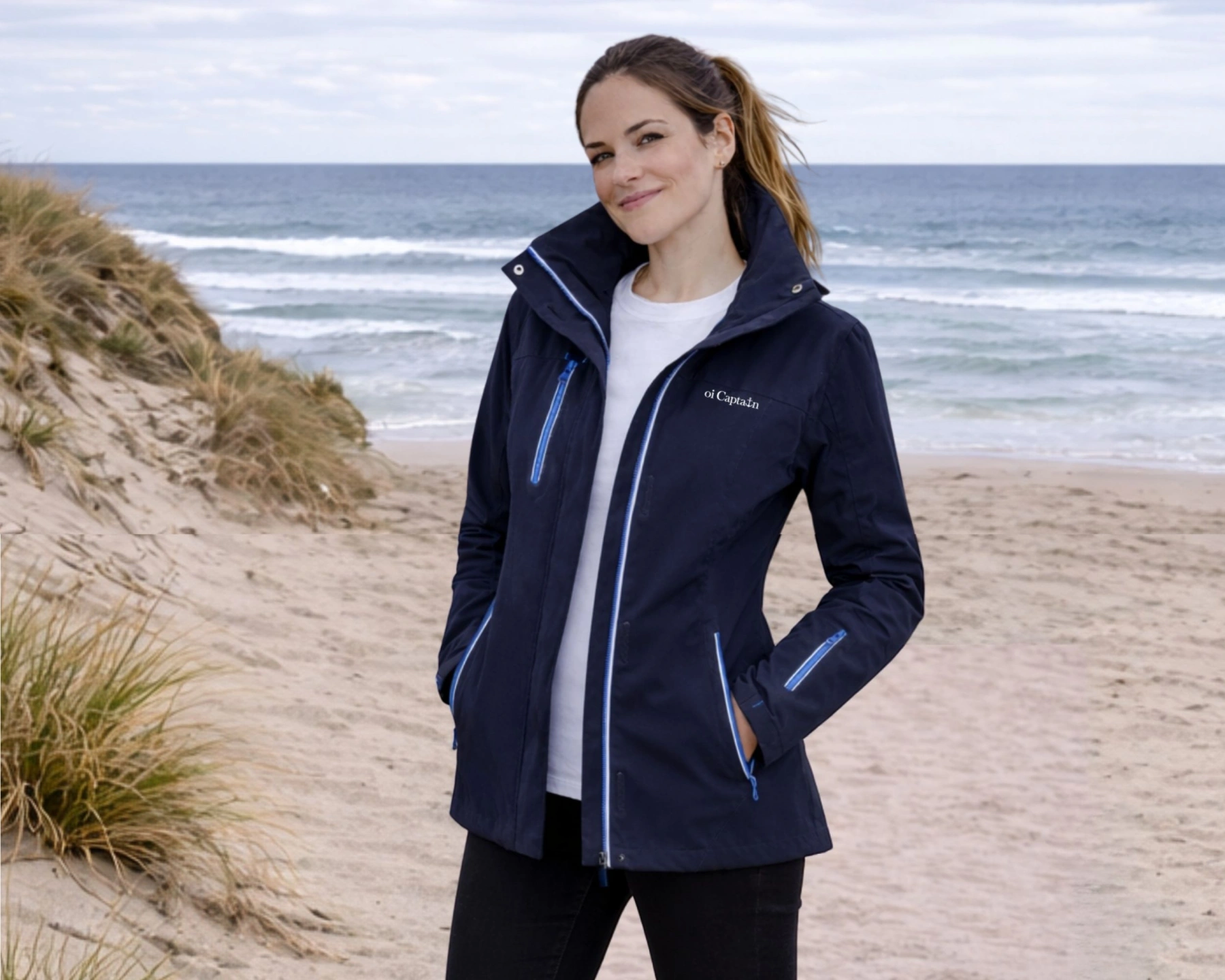 female model wearing oi captain caravela shell jacket navy front coastal lifestyle.jpg