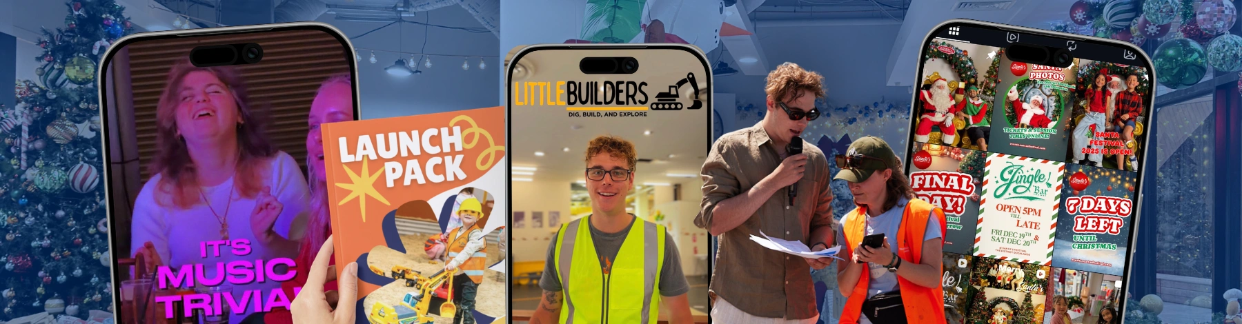 2t Creative work: music trivia reel, LauncPack magazine, Little Builders reel, event MC