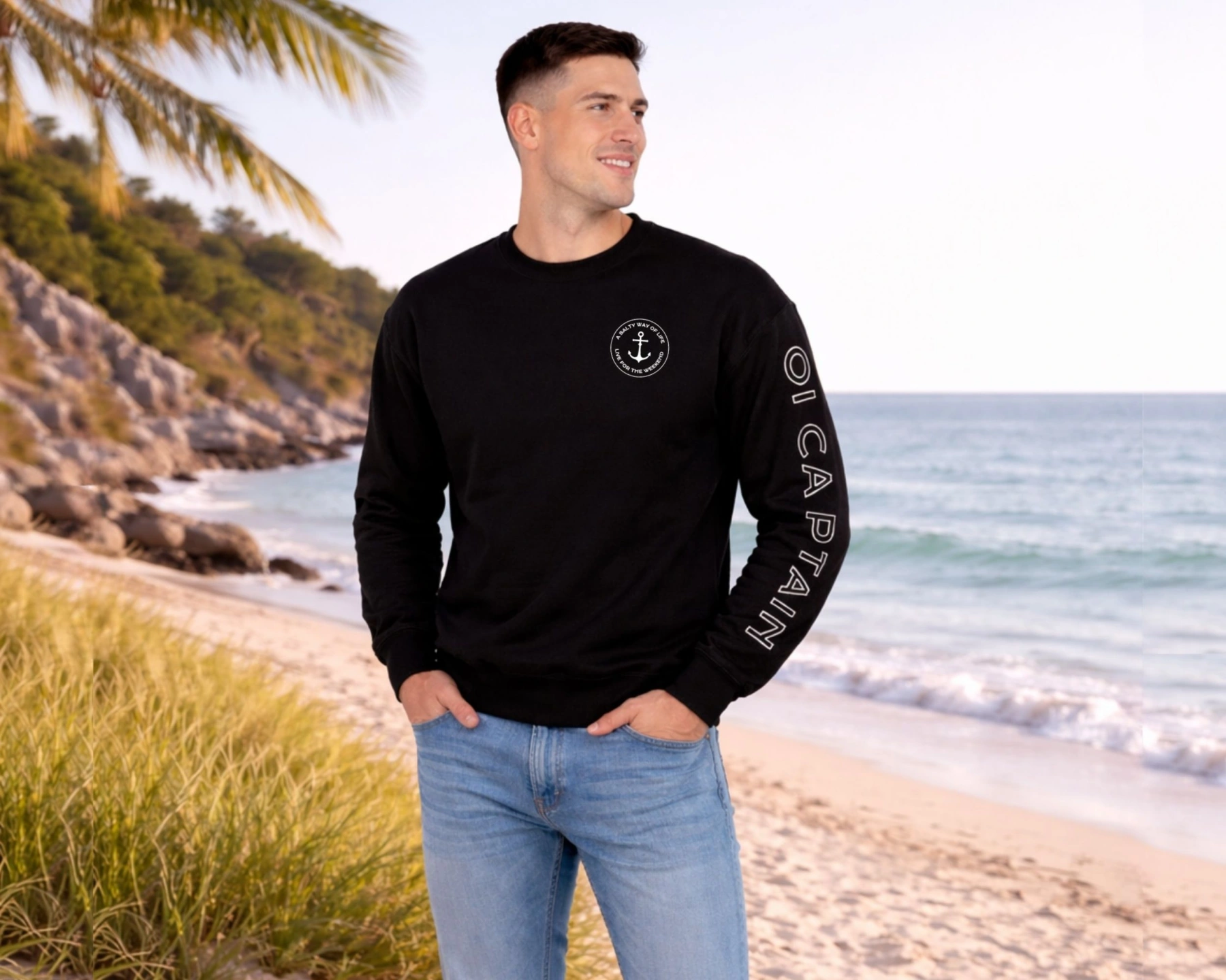 male model wearing oi captain copeland sweatshirt black front view coastal vibes.jpg