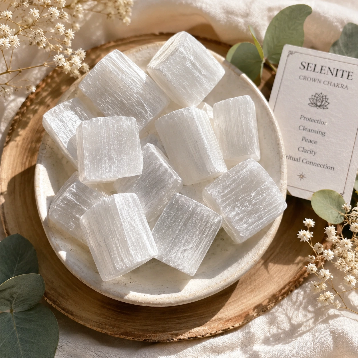 Selenite crystal arrangement with botanicals.png