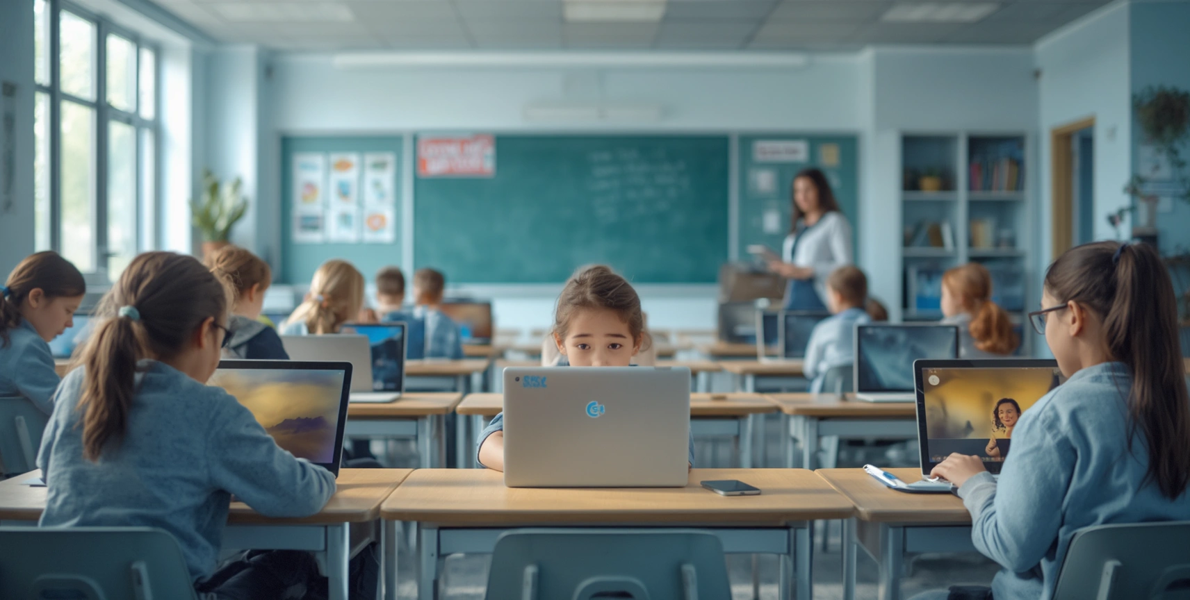 Ultra-wide banner background image. Realistic, modern school classroom with diverse students aged 8-12 using laptops and tablets. Teacher standing nearby supporting learning. Safe, calm, educational environment. Sof.jpg
