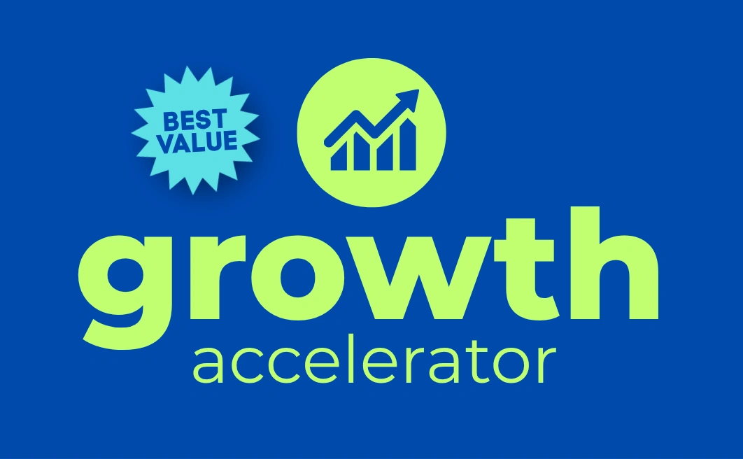 Growth package banner, “growth accelerator” with a bar chart icon and best value badge