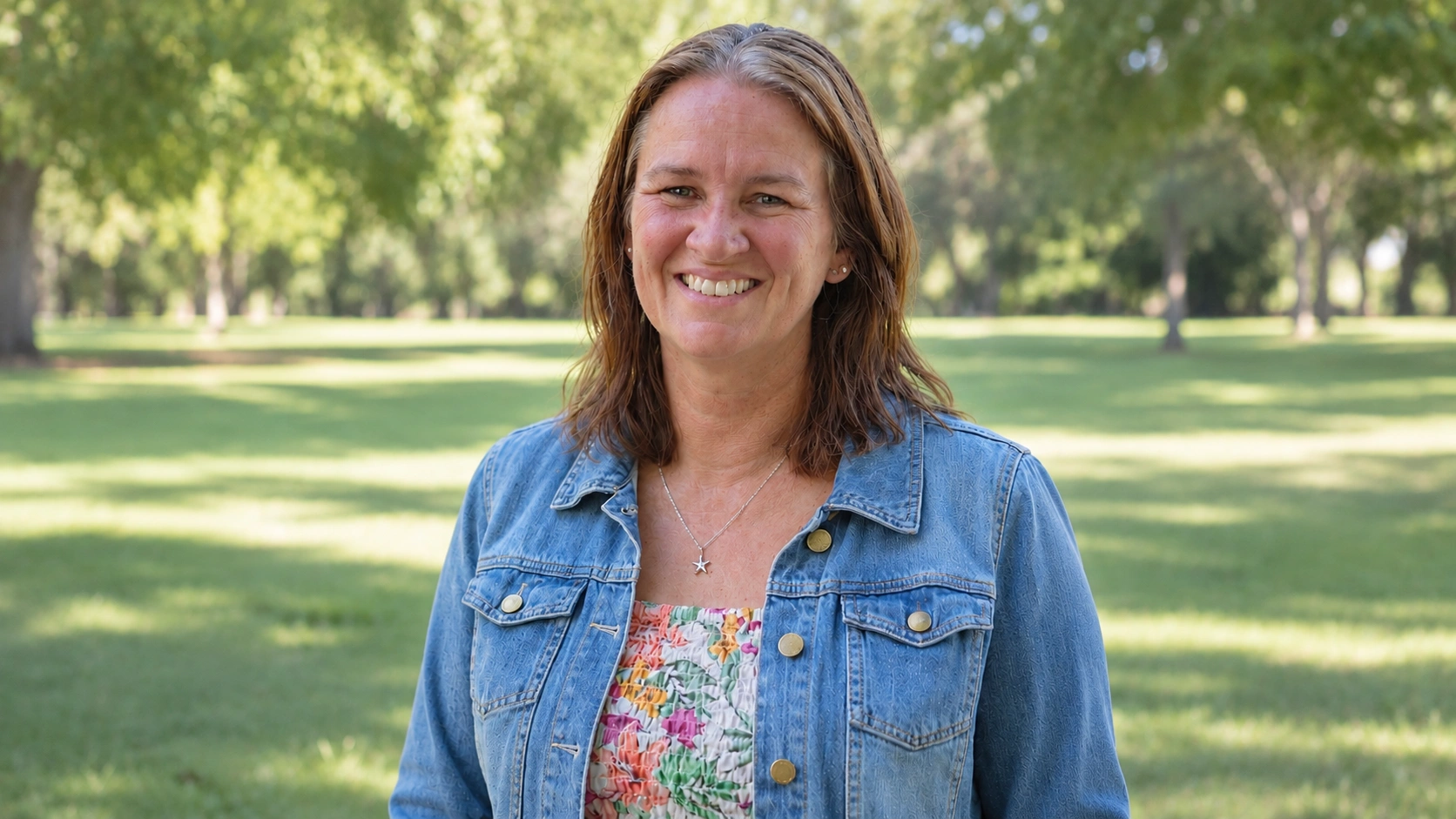 Smiling Woman in a Sunlit Park.png