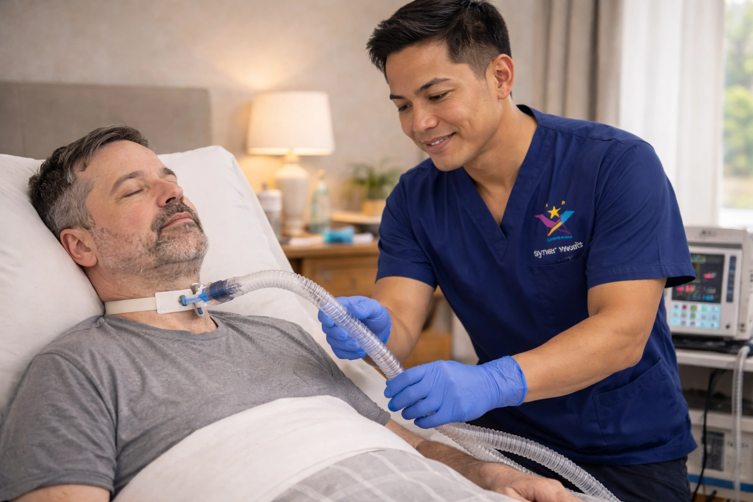 Nurse providing ventilation care in bedroom.png