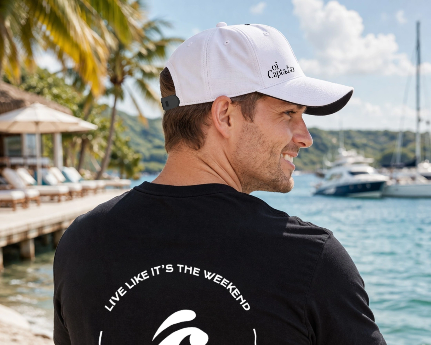 male model wearing oi captain endless summer cap in white side view coastal lifestyle.jpg
