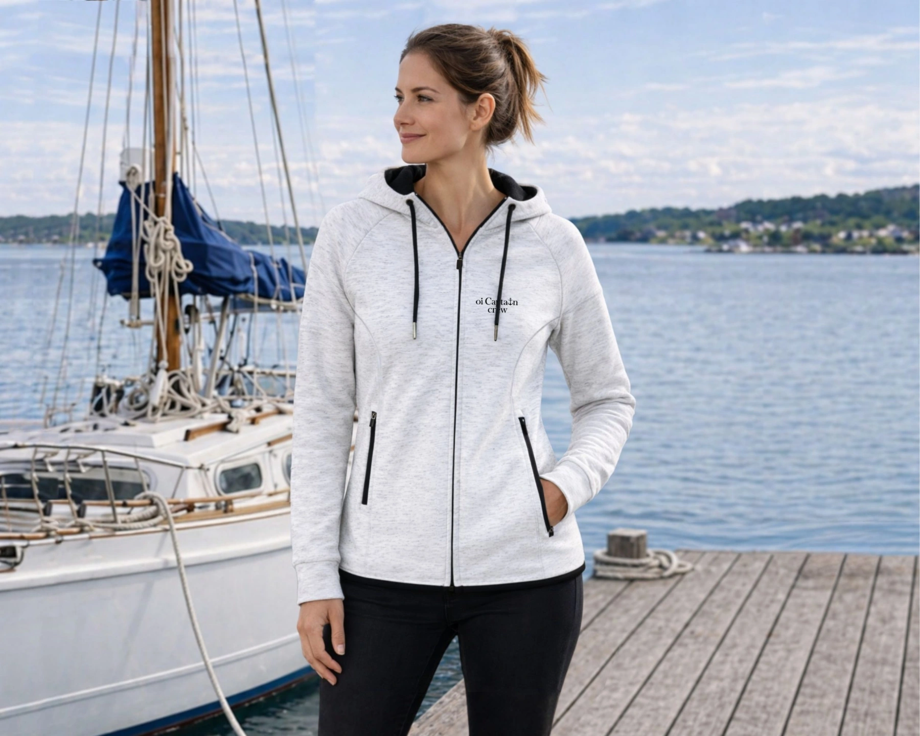 female model wearing oi captain carpe diem hoodie full zip white marle front pose coastal boating vibes.jpg