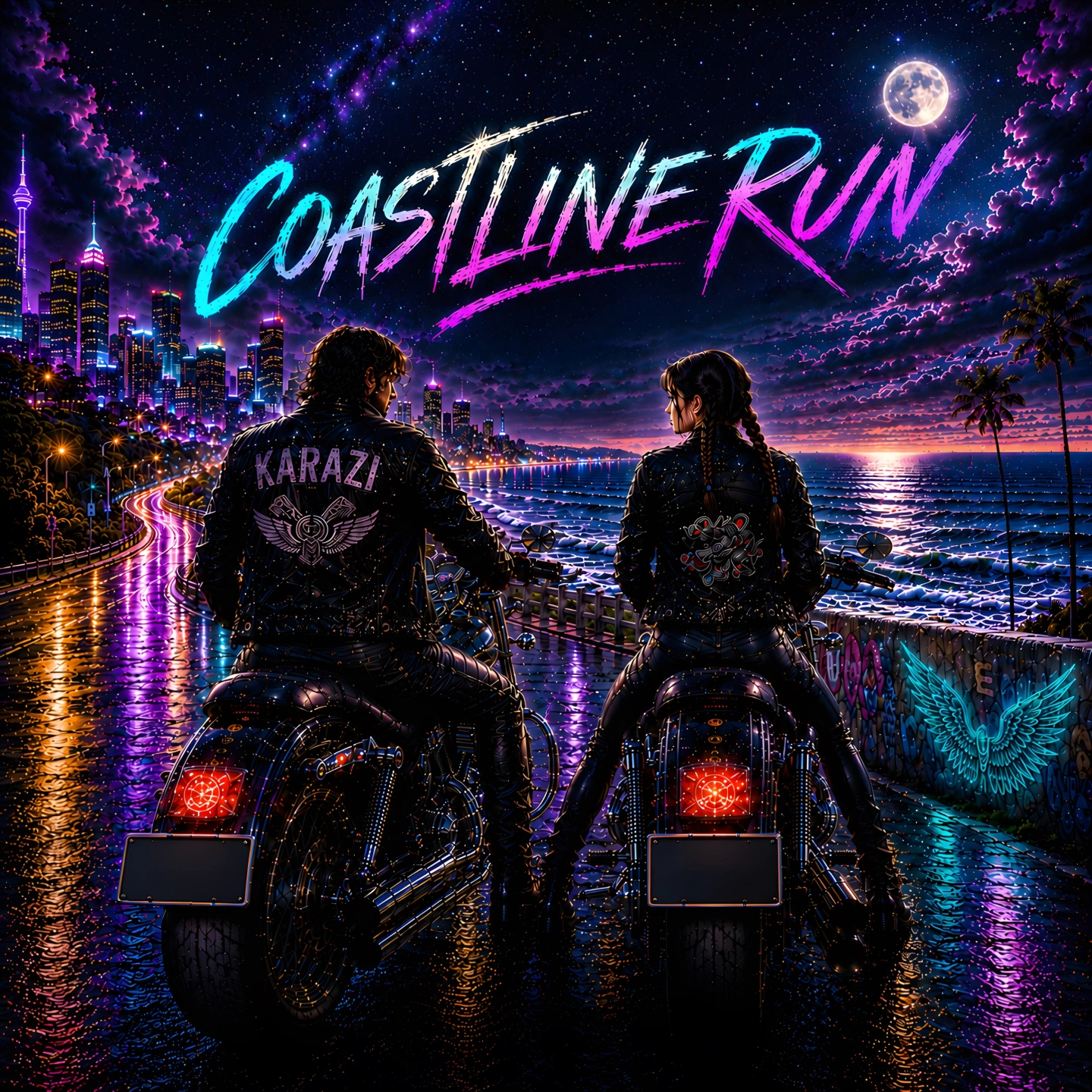 Cover art: Two motorcycle riders overlooking a neon-lit coastline beneath a moonlit sky.