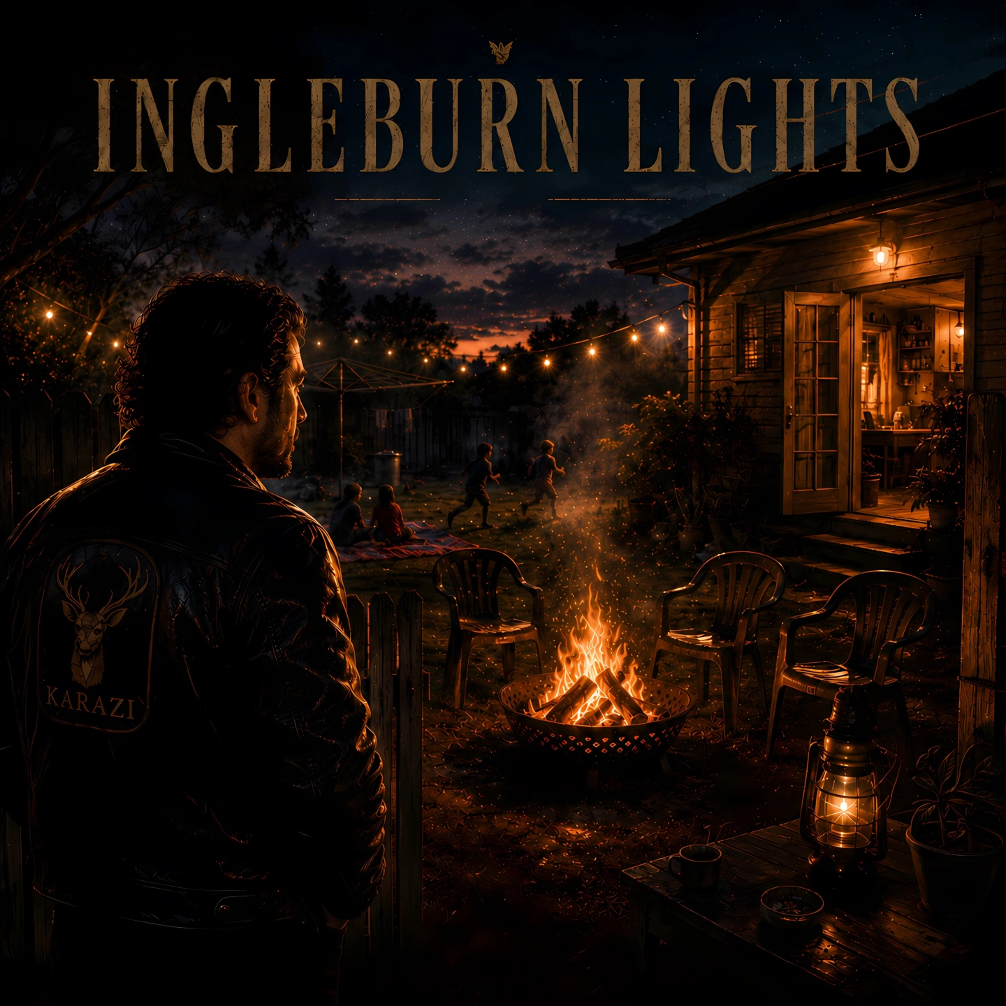 Cover art: A man looking toward a warmly lit backyard gathering and fire at dusk.