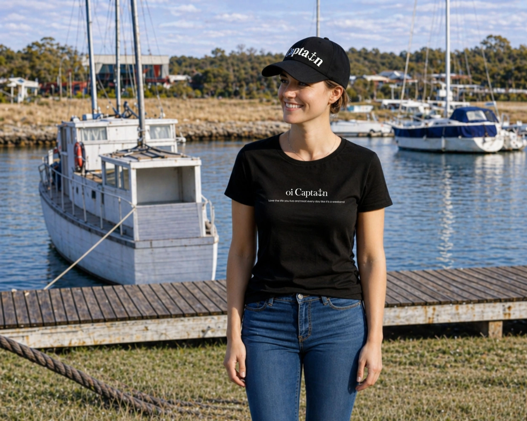 female model wearing oi captain queen of hearts tshirt black front featuring live the life you love and treat everyday like it's a weekend coastal vibes.jpg