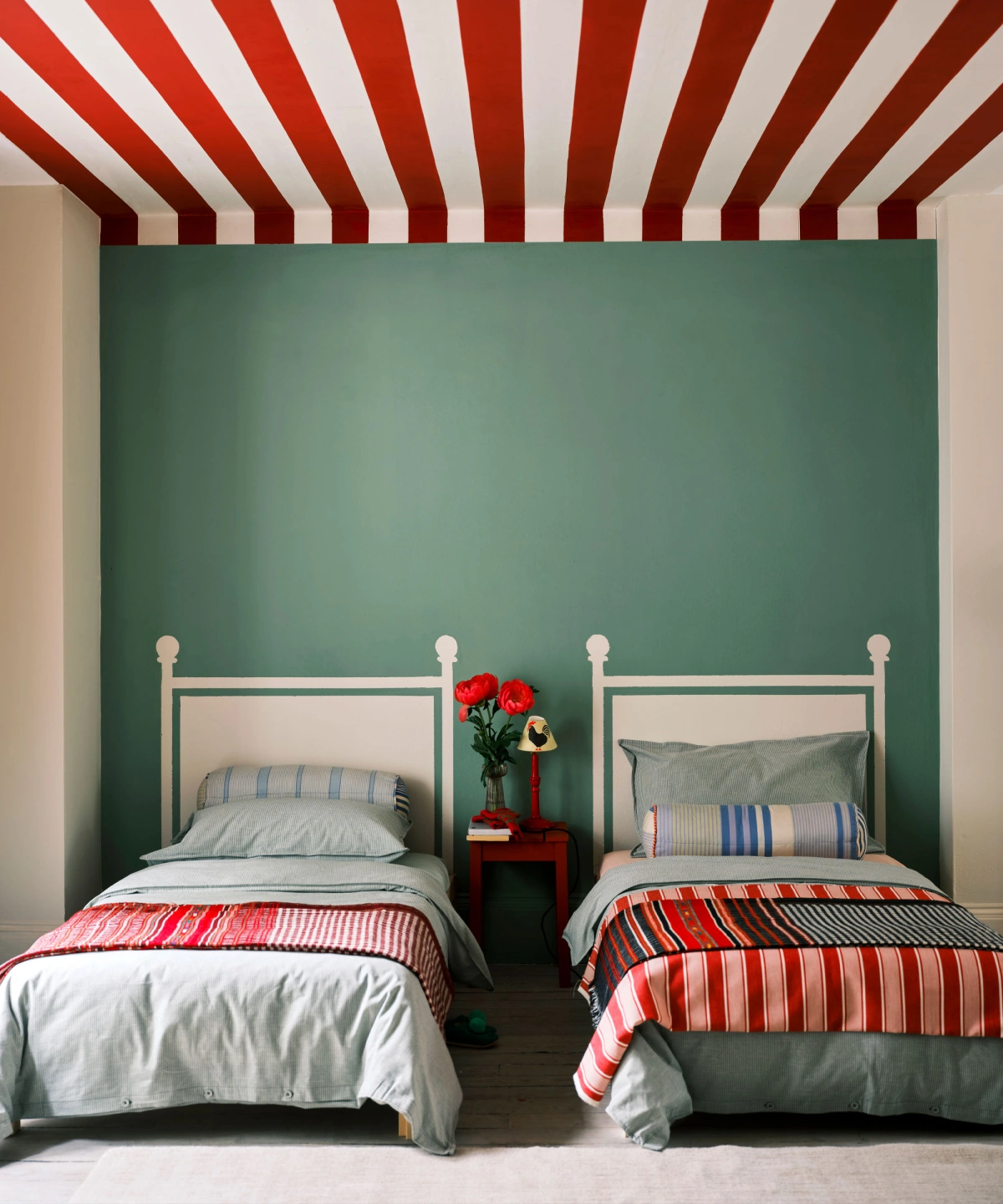 contrasting accent wall with striped ceiling in kids bedroom.jpg
