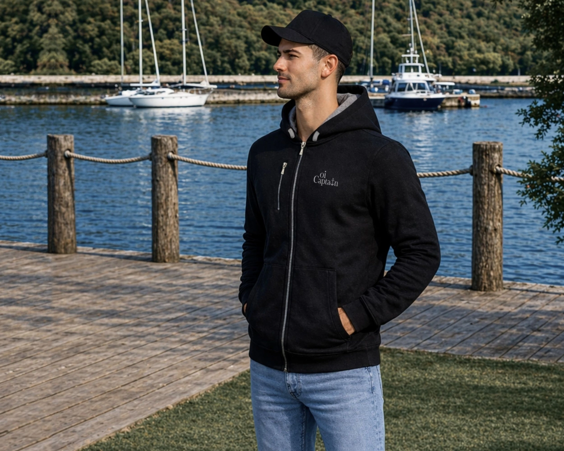 male model wearing oi captain baron hoodie full zip black front coastal lifestyle.jpg