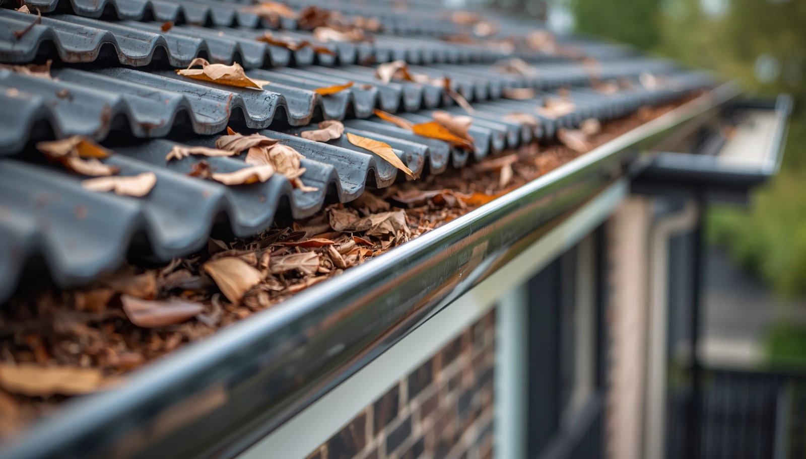 Close-up view of clean residential gutters on Australian home, clear of leaves and debris, well-maintained downpipes, roof edge detail, professional gutter maintenance result, Perth Western Australia suburban home, natura.png