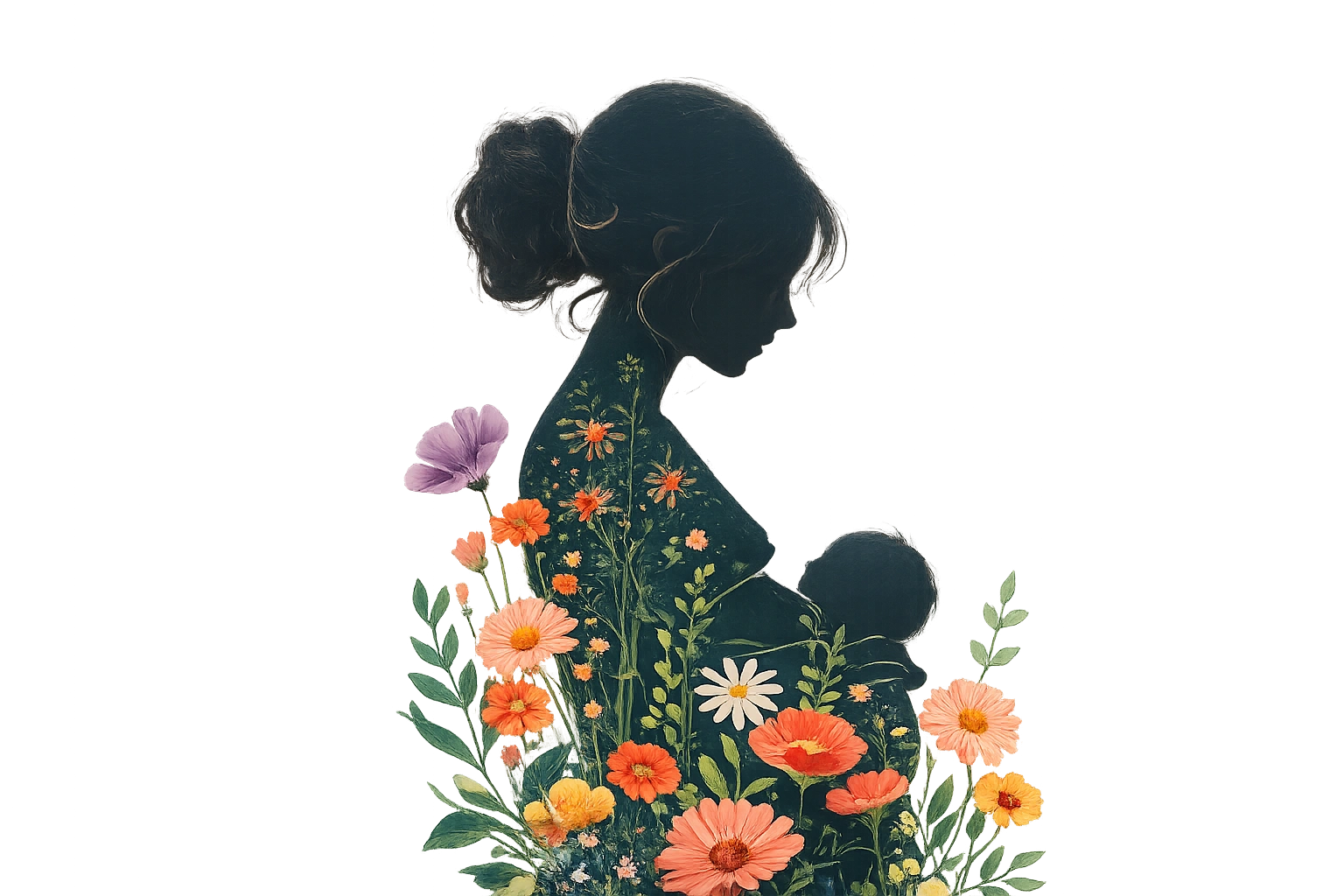 A mother's embrace with blooming flowers.png