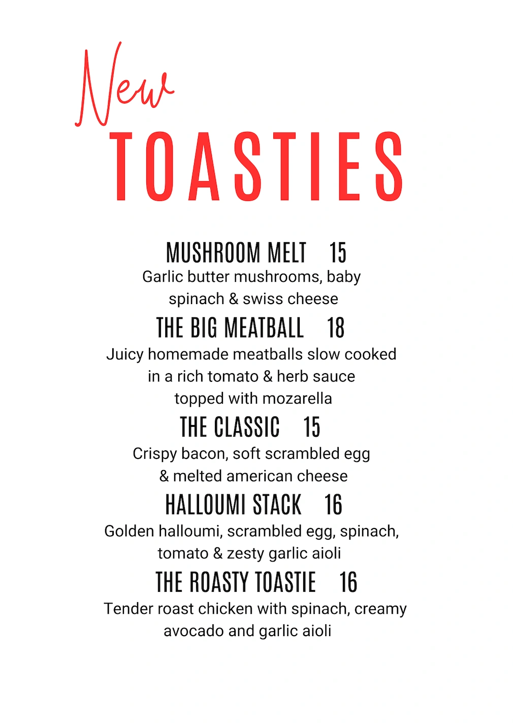 NEW TOASTIES MENU