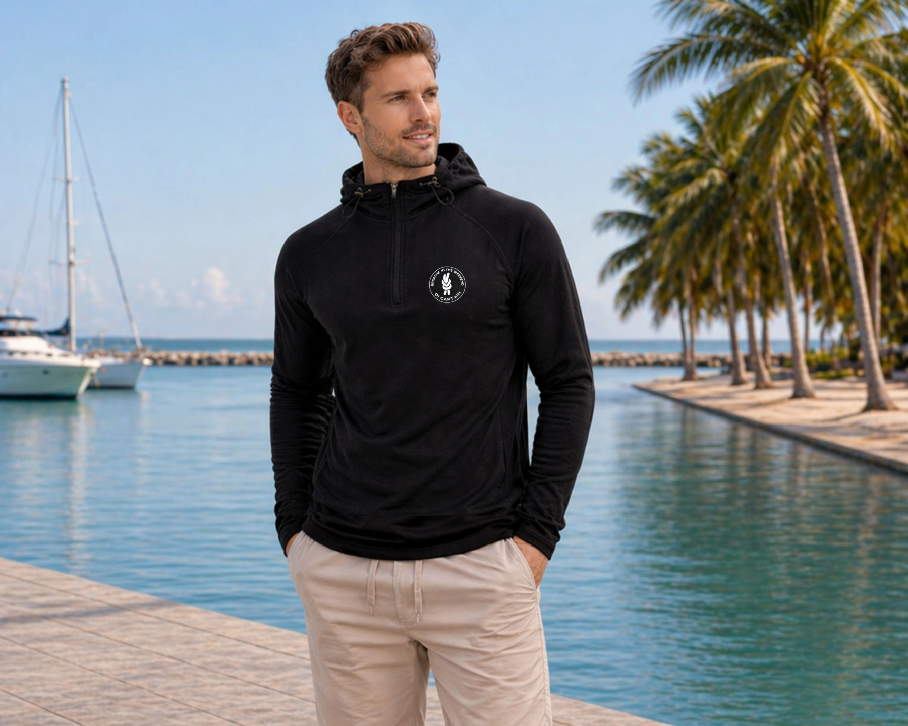 male model wearing oi captain escape long sleeve tshirt black front relaxed pose coastal lifestyle.jpg