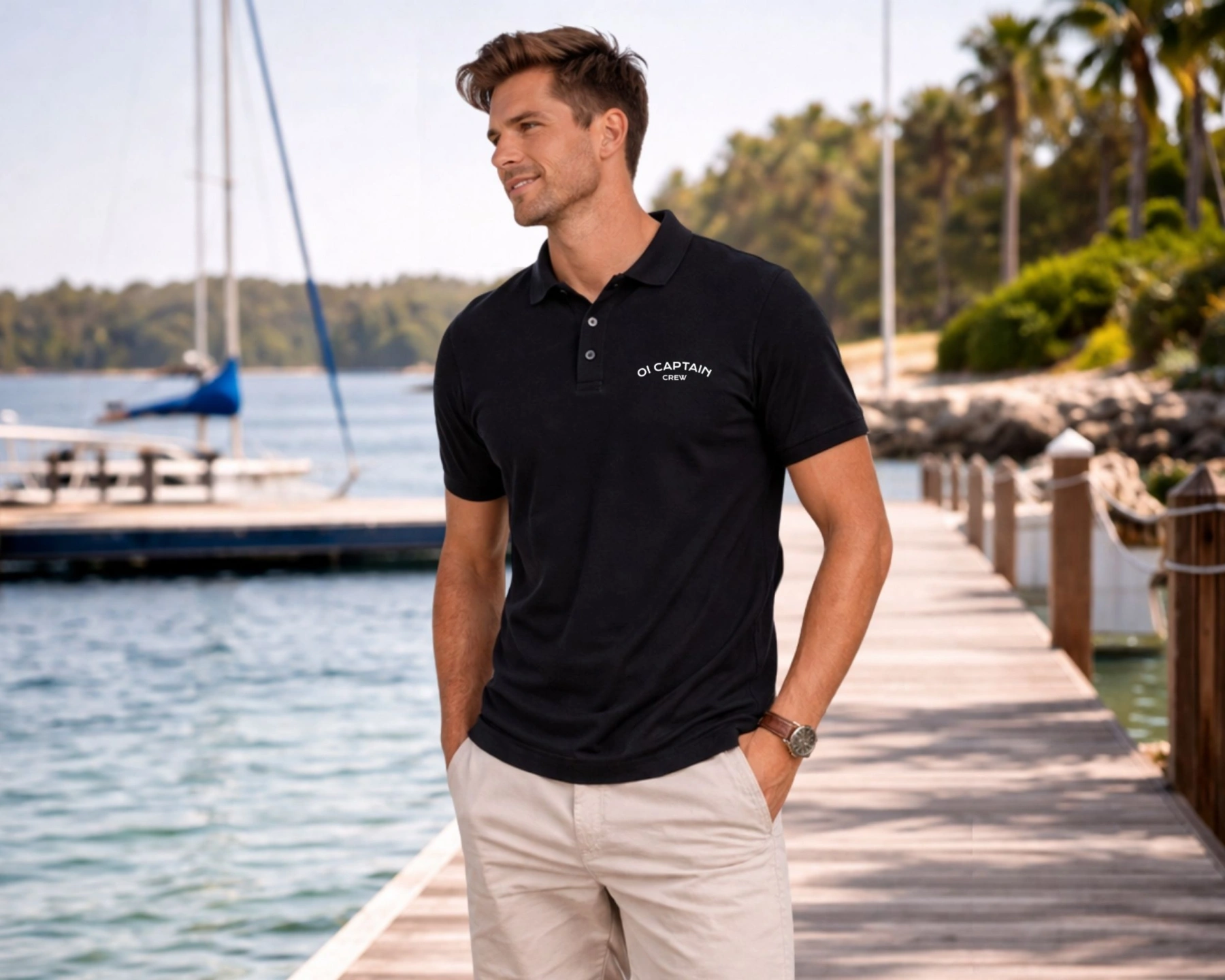 male model wearing oi captain full throttle polo shirt black front coastal lifestyle.jpg