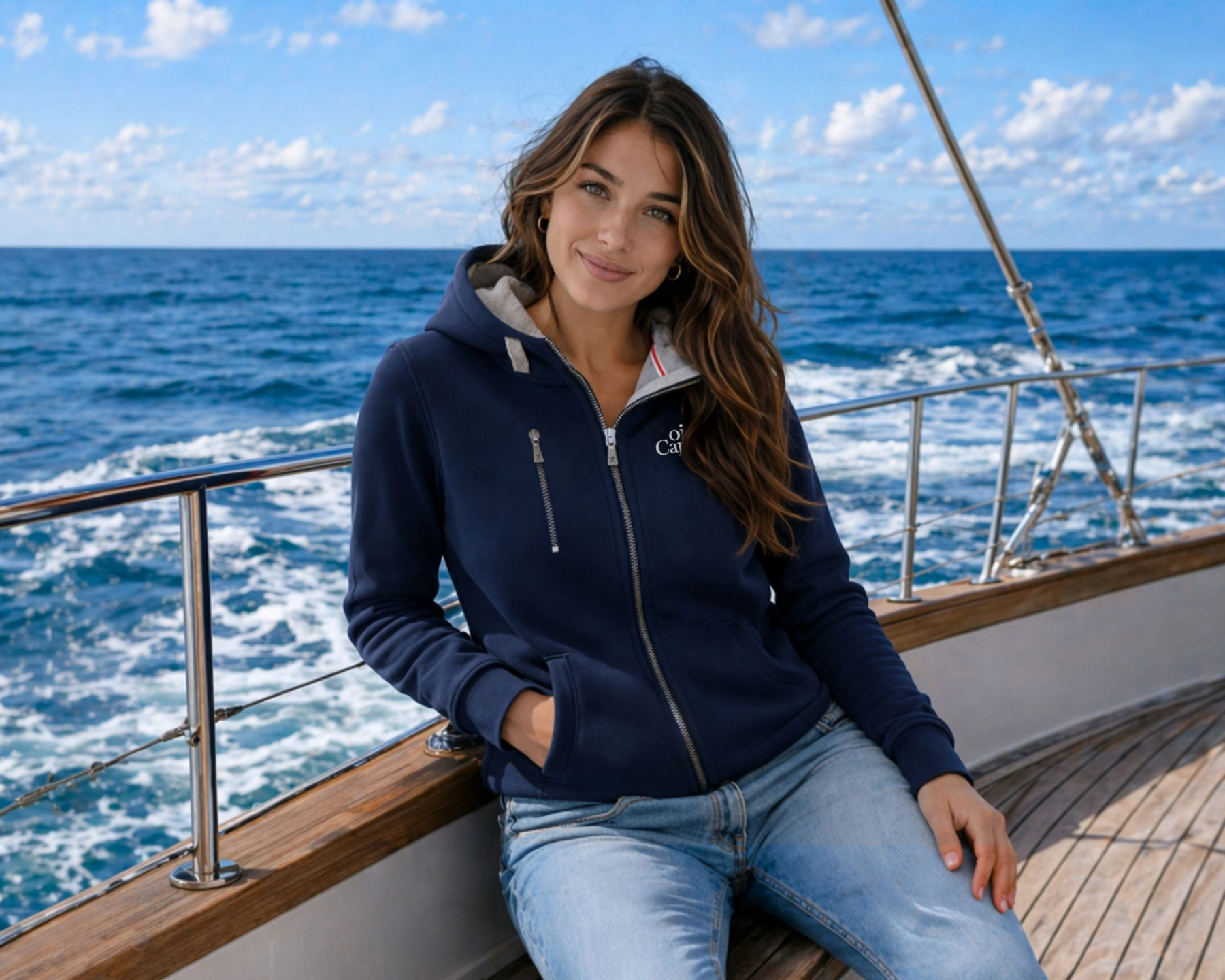 female model wearing oi captain luna sea hoodie full zip navy front coastal lifestyle boating vibes.jpg