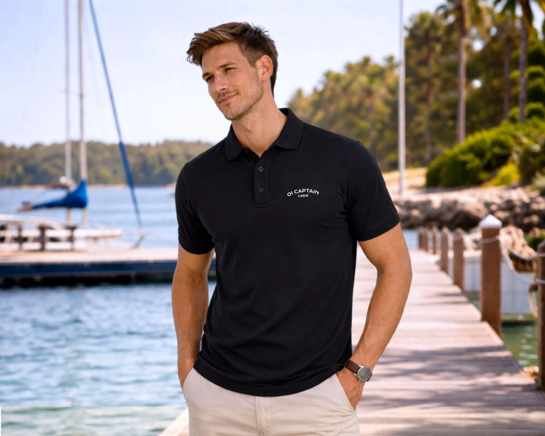 oi captain male model wearing full throttle polo shirt black front casual pose coastal lifestyle vibes.jpg