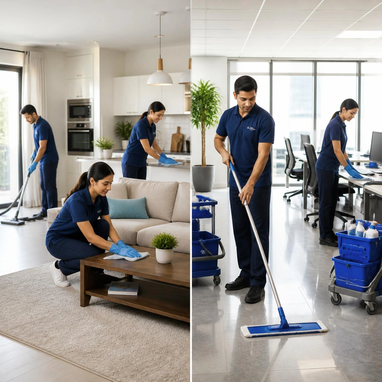 A professional cleaning team for Hworks shown in one cohesive composition with two settings a domestic home-cleaning scene and a commercial office-cleaning scene. The team wears neat, modern unifo.png