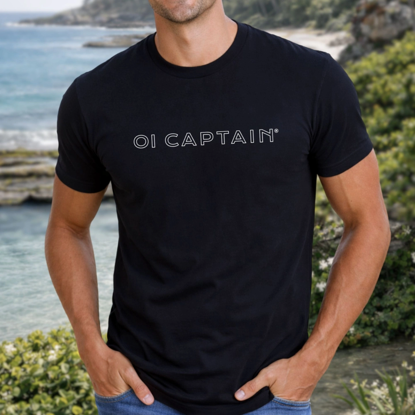 oi captain male model wearing eclipse t shirt black front coastal vibes .jpg