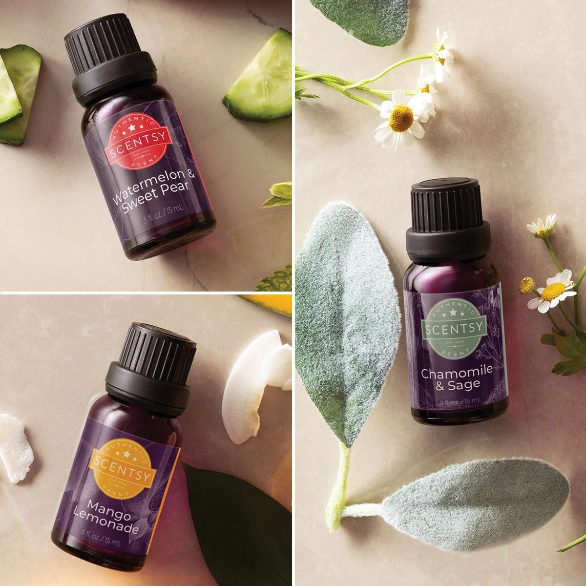 Scentsy Oils in Watermelon Sweet Pear, Chamomile & Sage and Mango Lemonade