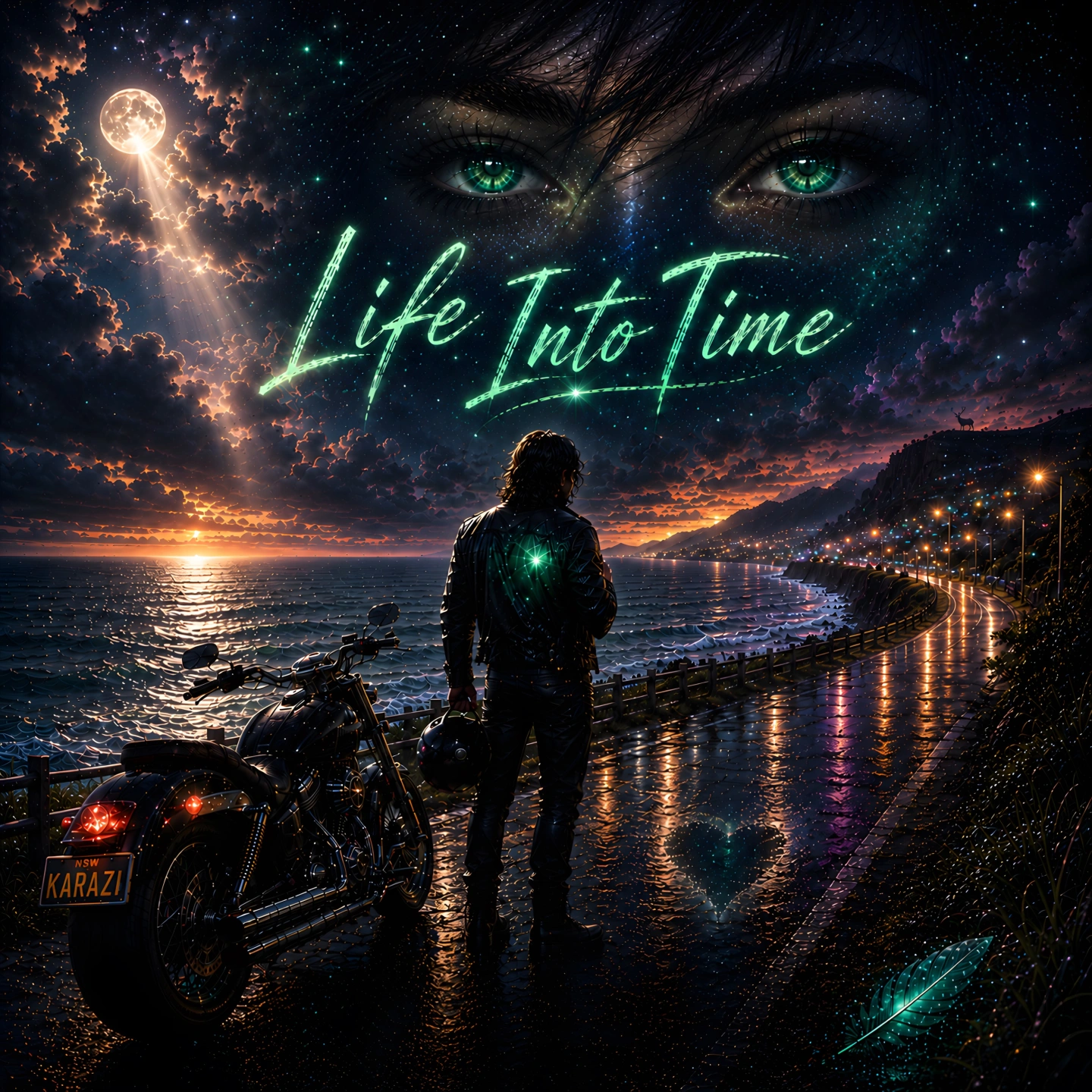 Cover art: A lone rider and motorcycle overlooking a wet coast beneath a star-filled sunset sky.