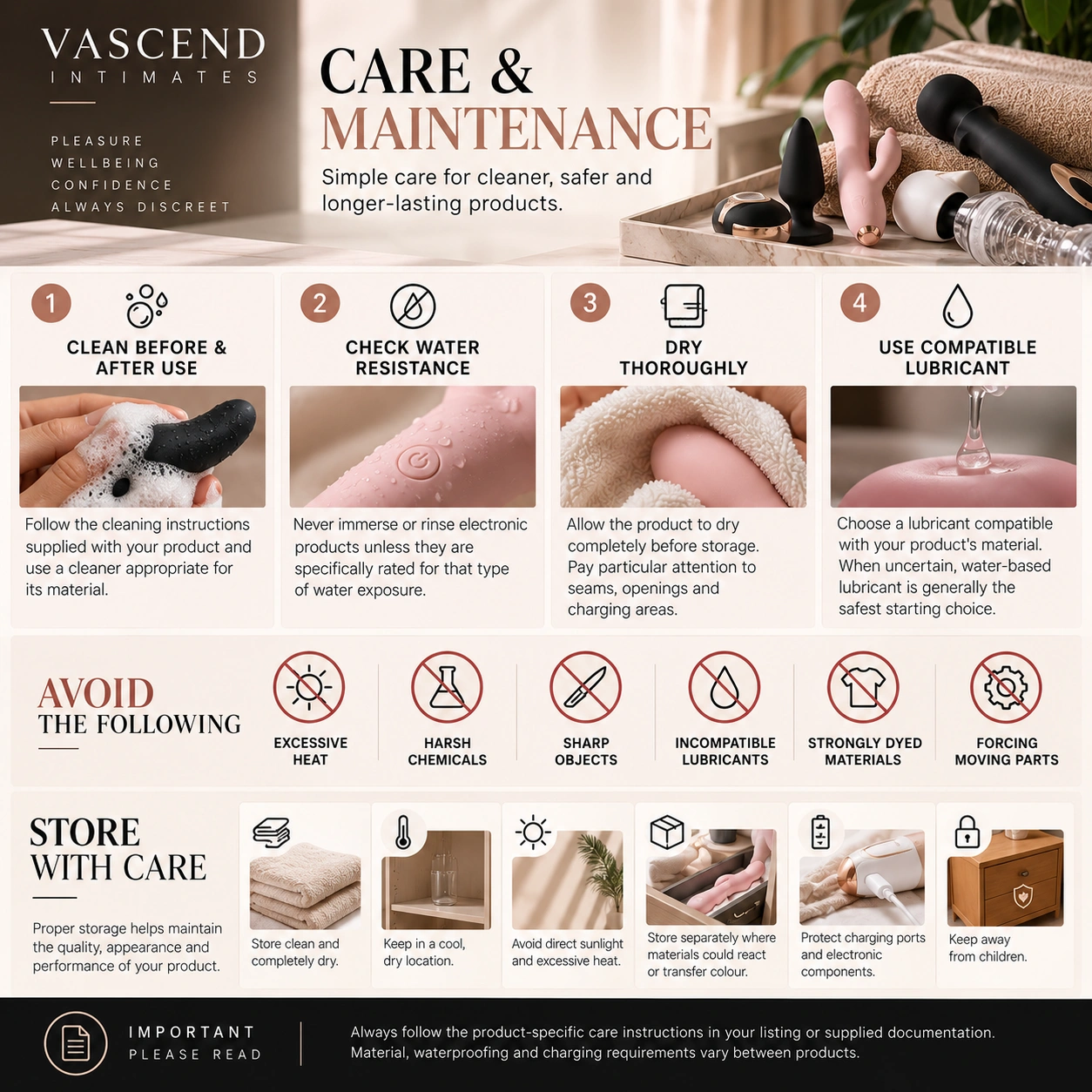 Vascend Intimates guide to cleaning, drying, lubrication, storage and safe product care.