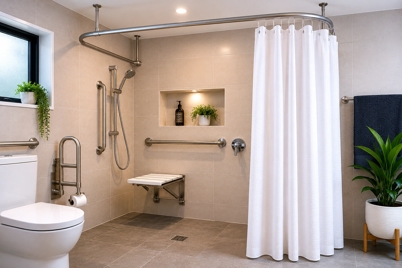 disability bathroom with ceiling mounted shower curtain rail, grab rails and fold-down shower seat