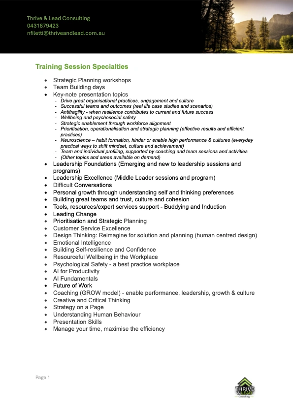 List of training areas and topic specialties