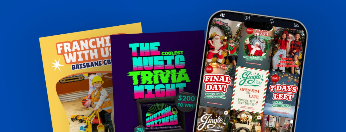 Social graphics examples: franchise flyer, music trivia poster and Santa’s Festival countdown post
