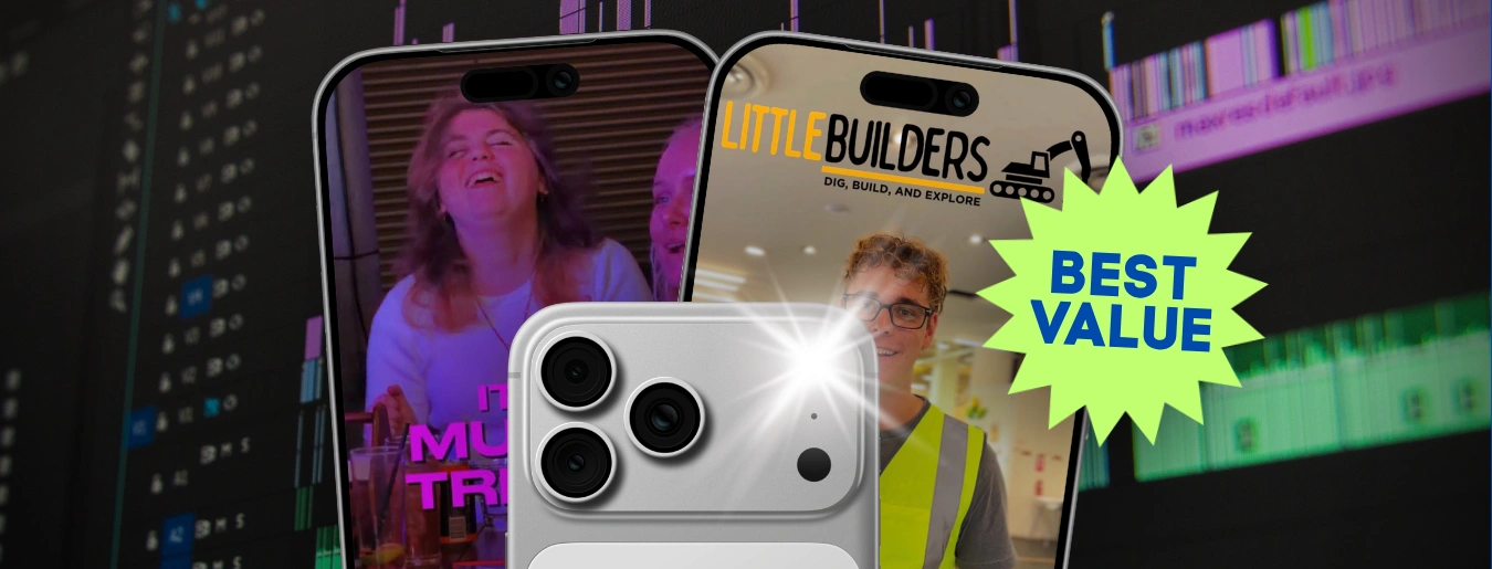 Video editing timeline with two Little Builders reels on phones, Shot & Chopped Bundle best value