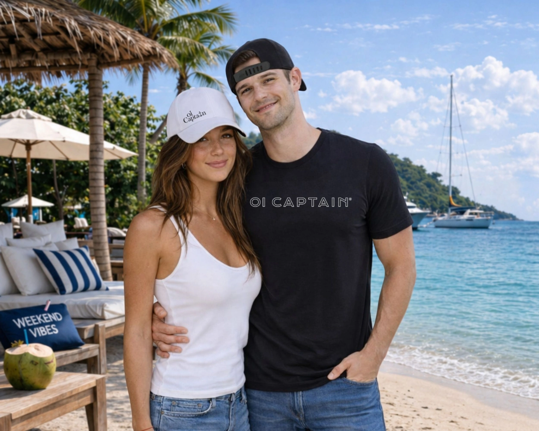 female model wearing oi captain endless cap in white front male model wearing oi captain endless summer cap in black back coastal lifestyle.jpg