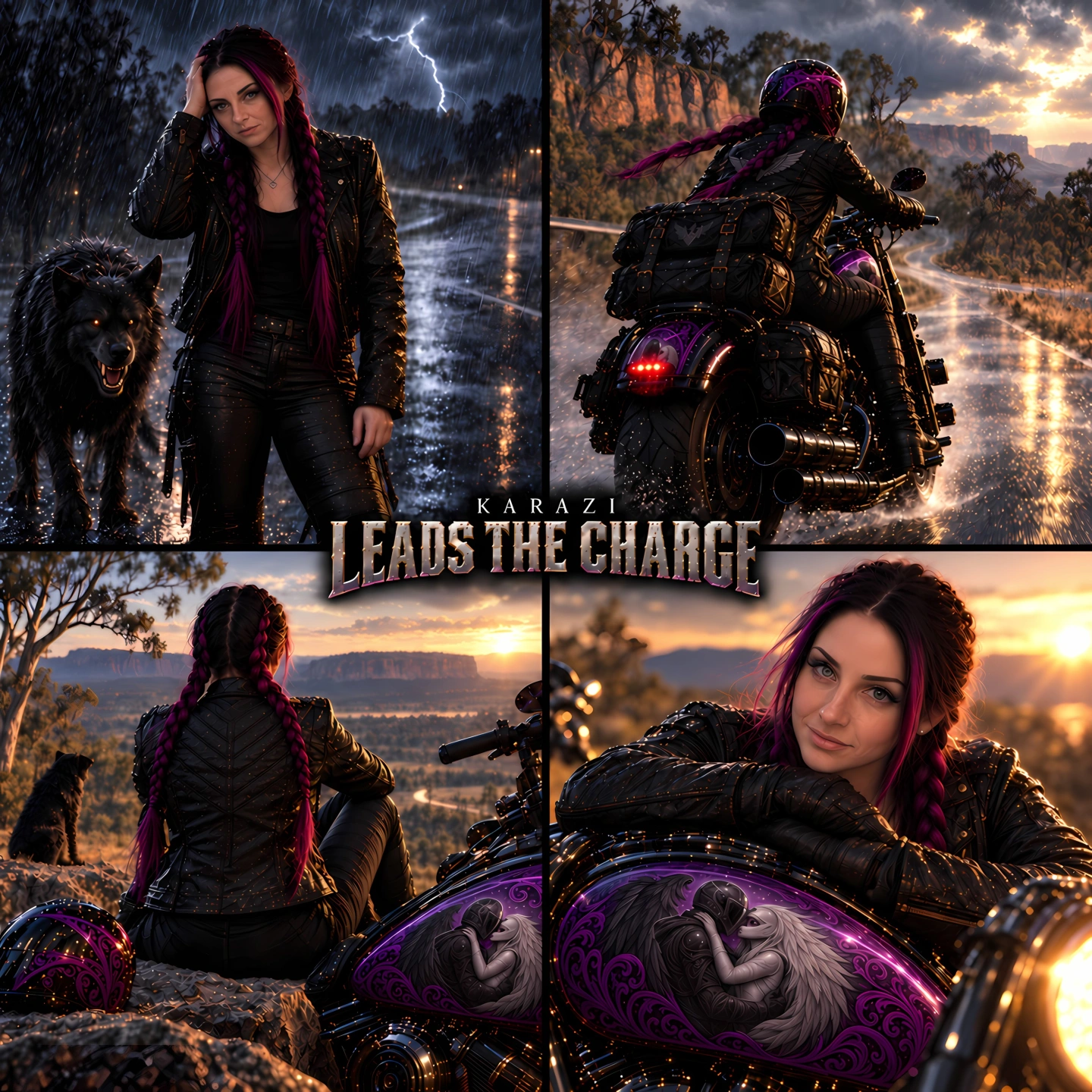 Cover art for Leads The Charge, showing a rider and black dog across storm and sunset scenes.