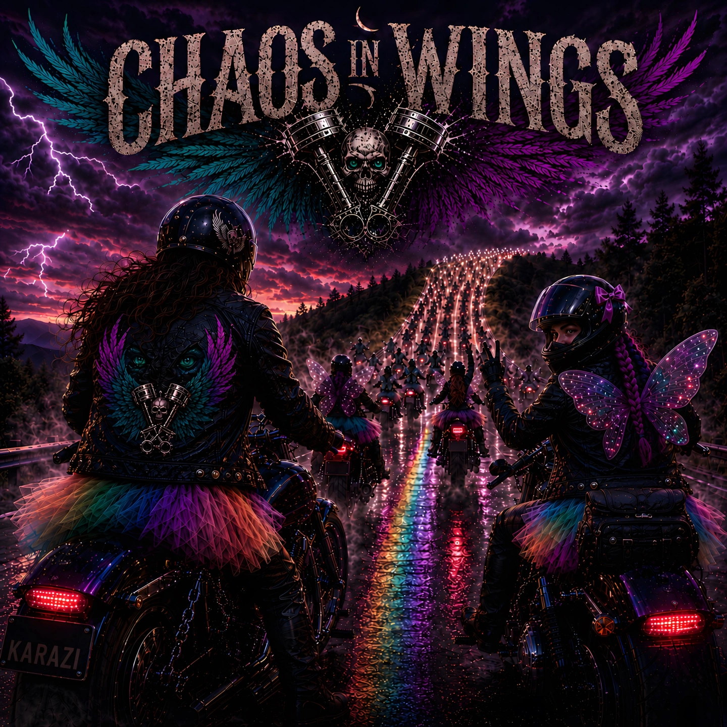 Cover art: Two helmeted riders joining a colourful motorcycle ride on a rain-soaked mountain road.