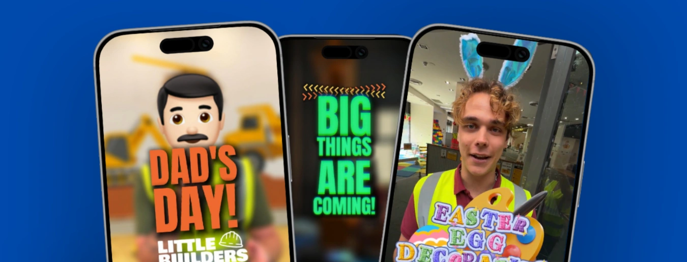 Three phone screens showing Little Builders Instagram and TikTok reels edited by 2t Creative