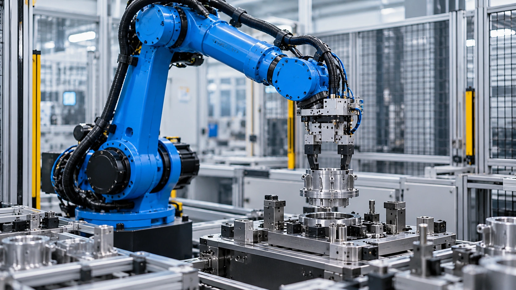 Blue robotic arm handling metal component.png