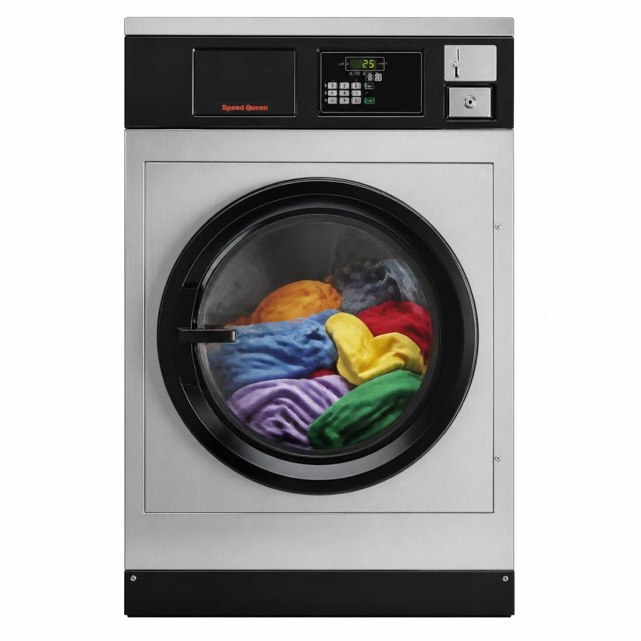 Photographic image of a launderette clothes dryer machine with colorful clothes visible inside the drum through the circular glass door, isolated on plain background, commercial dryer, professional product photogra.jpg