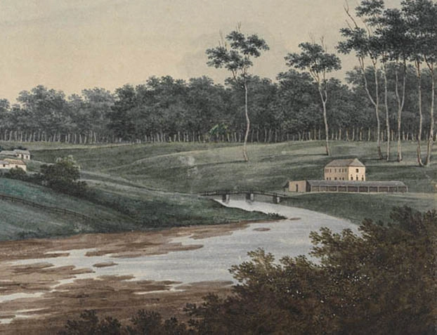 1809 - The Old Parramatta Gaol and Gaol Bridge over Parramatta River c1809.jpg